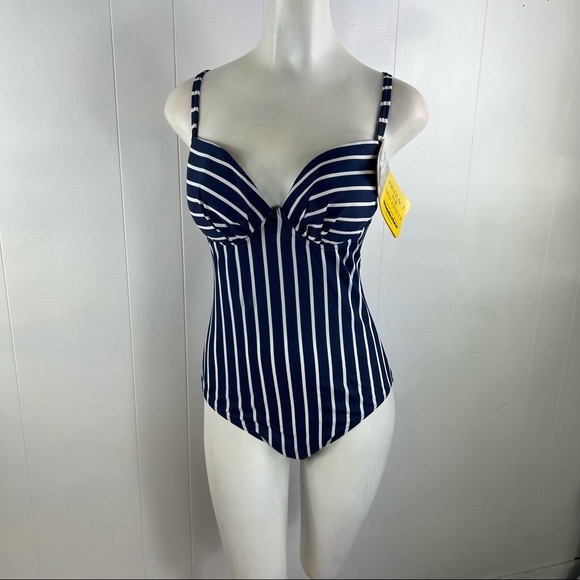 VINTAGE WONDERBRA 90s Navy & White Stripes One Piece Swim Suit Size 10 NWT - Picture 2 of 16